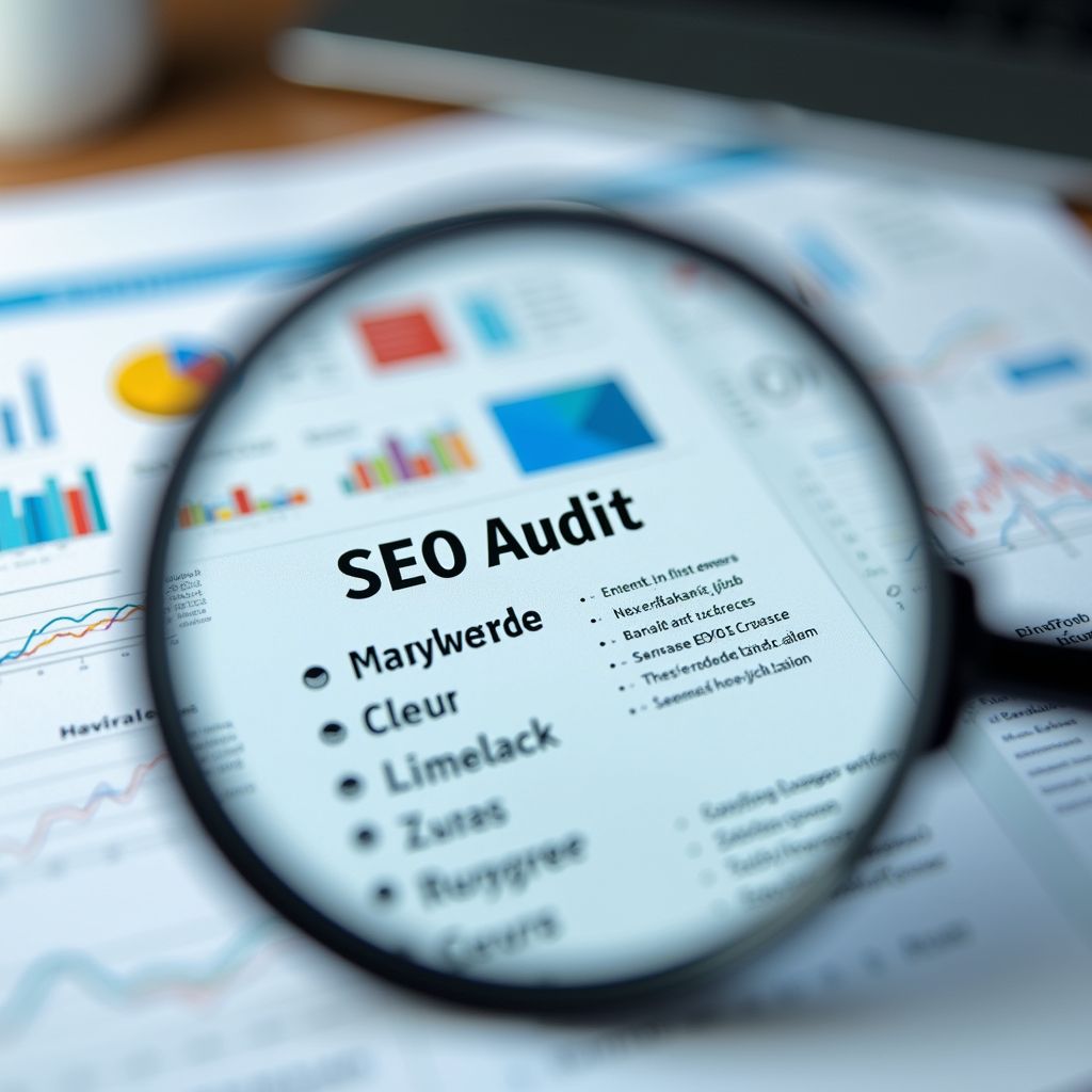Magnifying glass over a document titled 'SEO Audit' with a bullet list of items, charts, and graphs in the background indicating a website audit.