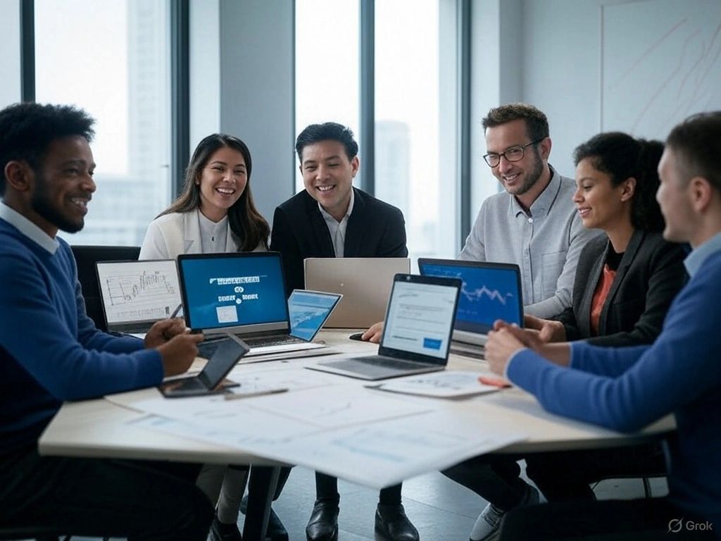 A diverse team of six around a conference table, laptops open and discussing charts and documents.