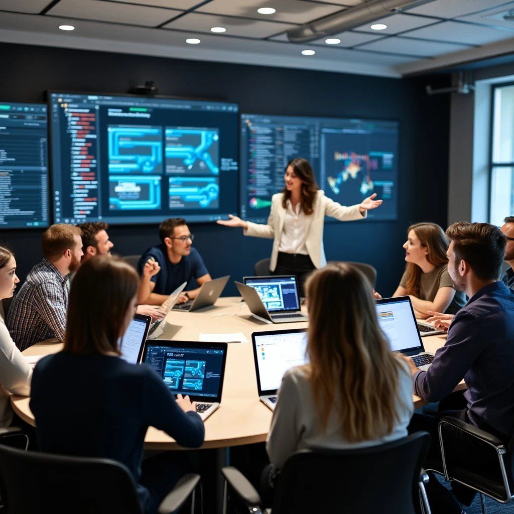 Team in a conference room listening to a presenter with holographic screens on the wall and laptops open on the table