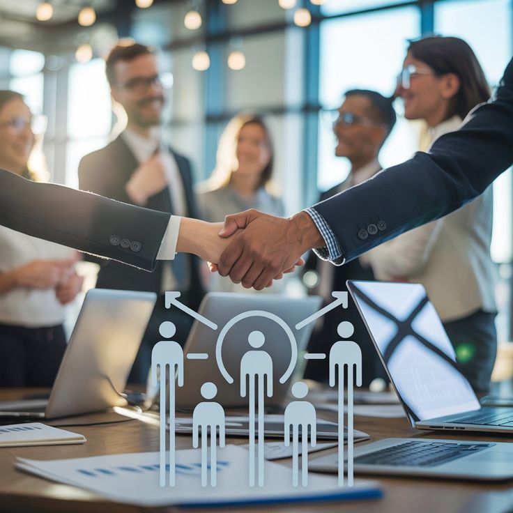 Two professionals shake hands over a table with a network-diagram overlay, symbolizing collaboration and partnership in a meeting scene.
