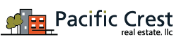 Pacific Crest real estate logo with a stylized tree, a gray building, and an orange house icon