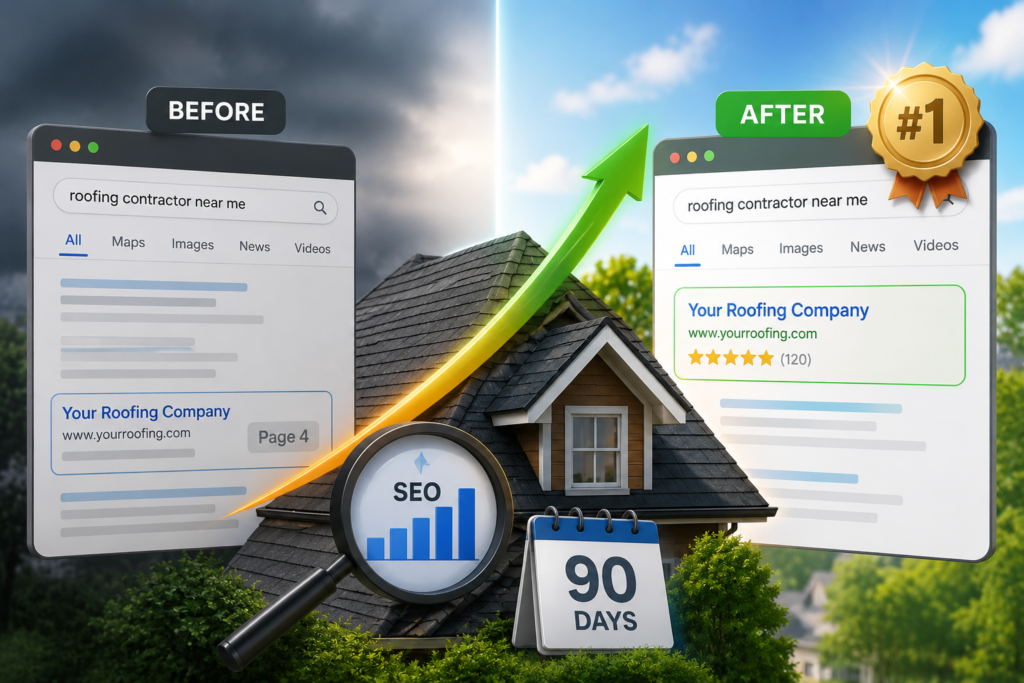Before and after search results for 'roofing contractor near me' with a rising green arrow and a roof in the center, indicating SEO improvement.