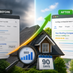 ChatGPT Image May 18 2026 05_26_34 PM - Kihan Marketing Before and after search results for 'roofing contractor near me' with a rising green arrow and a roof in the center, indicating SEO improvement.