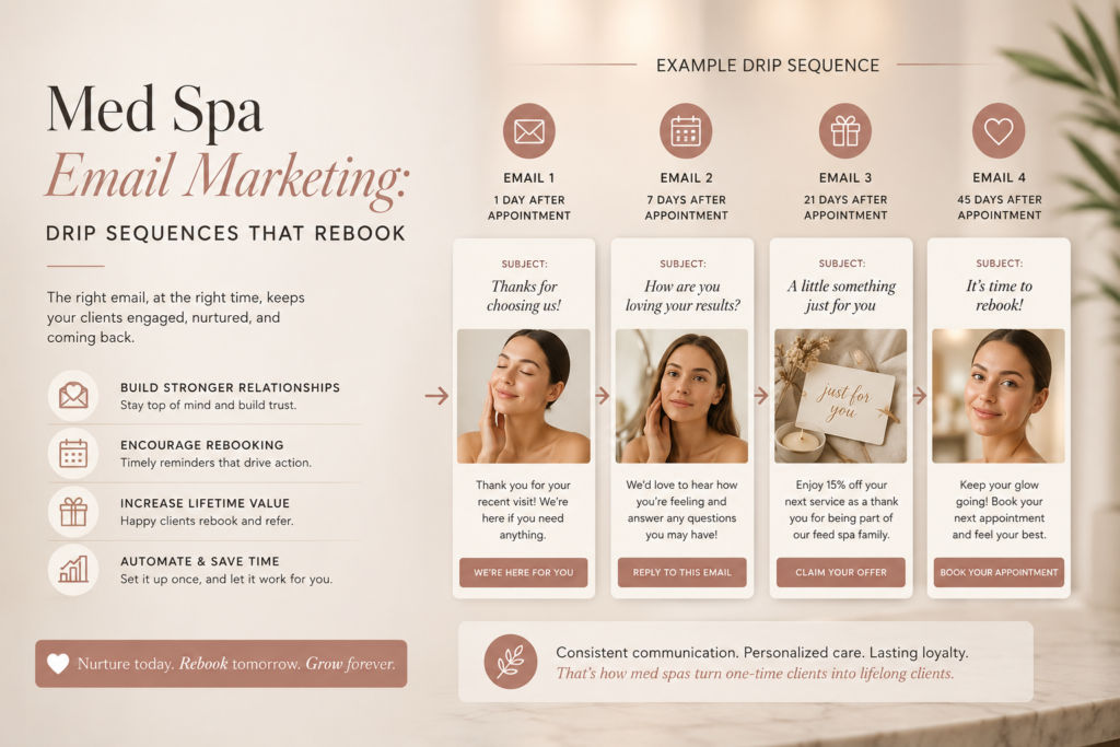 Med Spa email marketing drip sequence infographic showing four emails with subject lines, images, and action buttons; emphasizes relationship building and rebooking benefits.