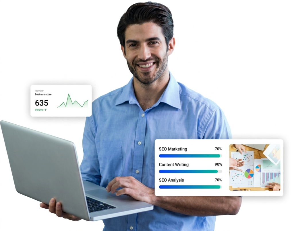 Smiling man in a blue shirt holds a laptop with floating analytics cards showing a 635 score and progress bars.