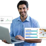 Gemini_Generated_Image_5czxsd5czxsd5czx - Kihan Marketing Smiling man in a blue shirt holds a laptop with floating analytics cards showing a 635 score and progress bars.