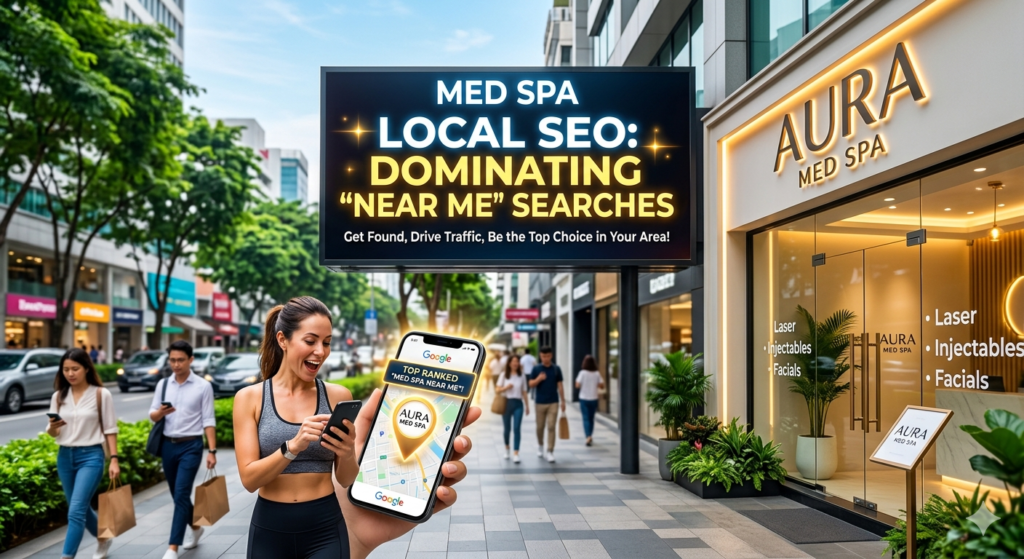 Woman in athletic wear smiles at her phone on a busy city sidewalk as a large billboard advertises med spa local SEO above; Aura Med Spa storefront on the right.