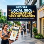 Gemini_Generated_Image_s9nl5bs9nl5bs9nl - Kihan Marketing Woman in athletic wear smiles at her phone on a busy city sidewalk as a large billboard advertises med spa local SEO above; Aura Med Spa storefront on the right.