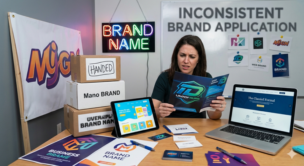 Woman at a branding workshop reads a brand brochure while a tablet, laptop, and business cards sit on the desk; boxes labeled 'Mano Brand' and 'Handed' nearby with a neon 'BRAND NAME' sign in the background.