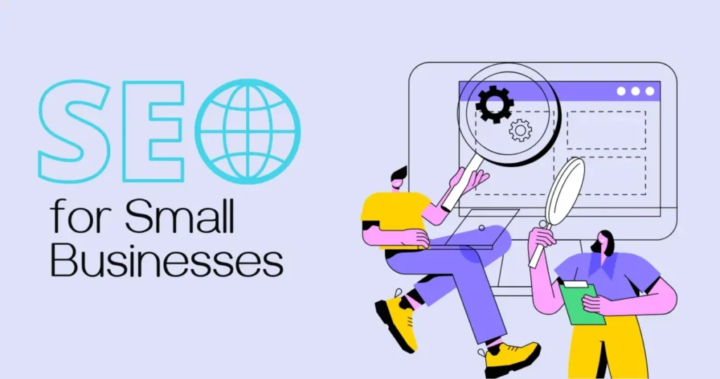 'SEO for Small Businesses' title with two people examining a website on a large monitor, using a magnifying glass and gears as icons.