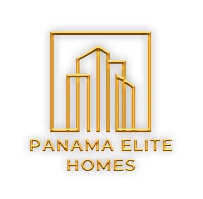 Gold logo for Panama Elite Homes featuring abstract skyscrapers inside a square frame and the brand name in gold on black background.
