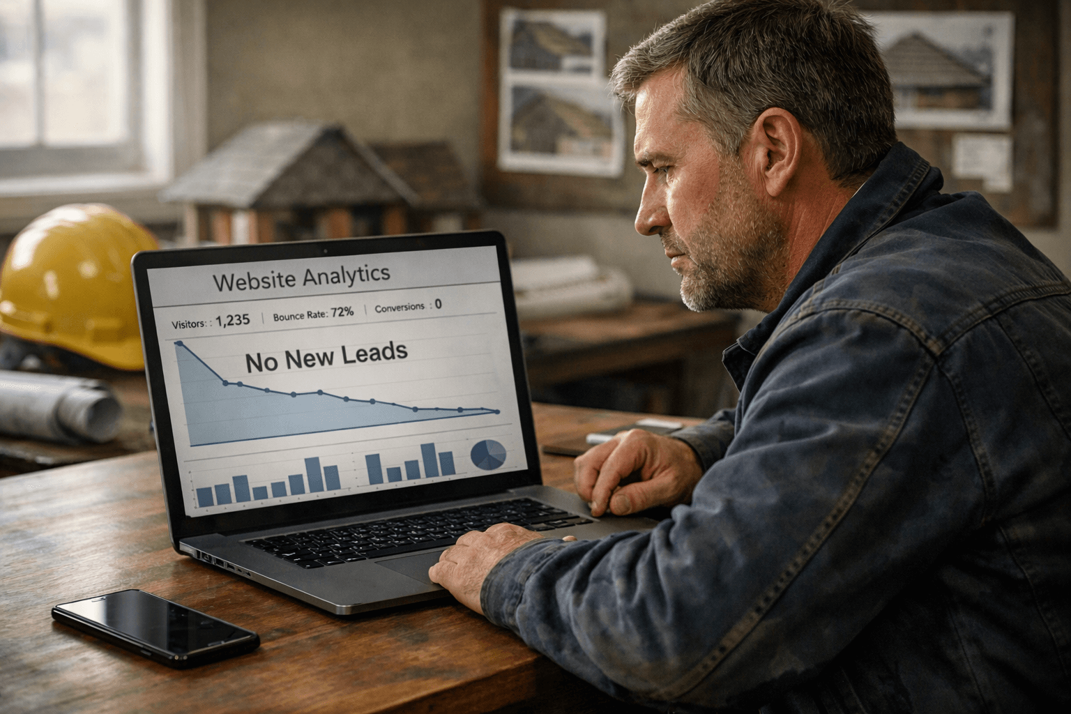 Roofing-company-owner-reviewing-website-analytics-with-no-incoming-leads - Kihan Marketing - Kihan Marketing Man in a denim jacket reviews a laptop displaying 'Website Analytics' and a 'No New Leads' line chart, at a wooden desk.