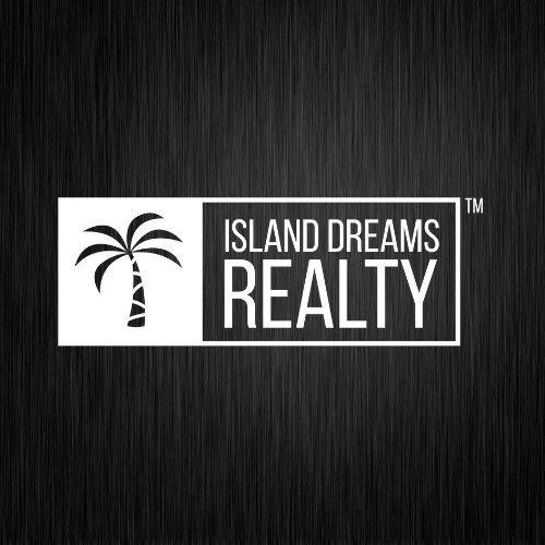 Island Dreams Realty logo: white rectangular panel with a palm tree on the left and 'ISLAND DREAMS REALTY' text on a dark brushed background