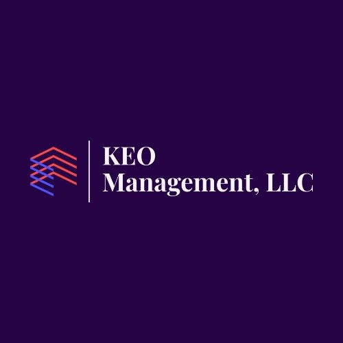 KEO Management, LLC logo on a dark purple background with red/blue geometric lines to the left of the text.