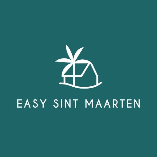 Logo for Easy Sint Maarten: white palm tree and beach hut icon on a teal background with the brand name below