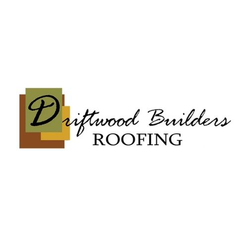 Driftwood Builders Roofing logo with layered brown and olive squares to the left and a black script 'Driftwood Builders' beside 'ROOFING'