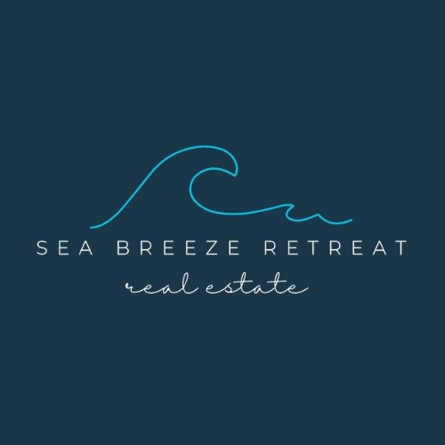 Sea Breeze Retreat real estate logo: cyan wave outline above the text 'SEA BREEZE RETREAT' with 'real estate' script on a dark blue background.