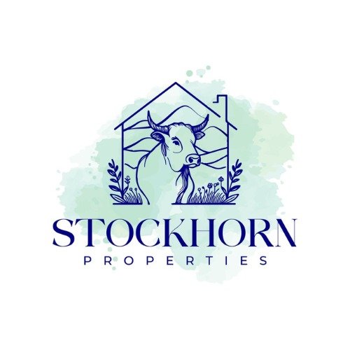 Stockhorn Properties logo with a cow inside a house outline and a blue-green watercolor backdrop.