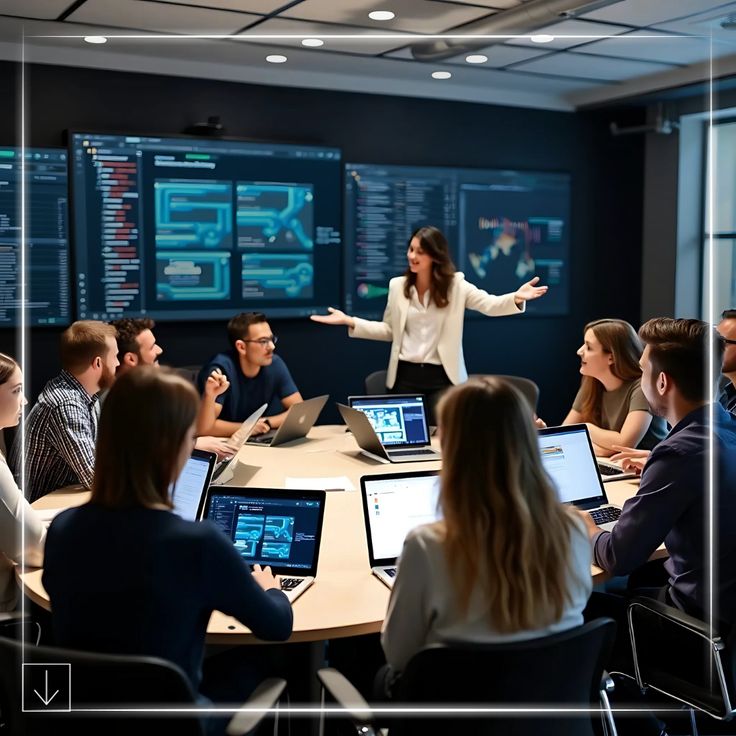 Businesswoman presenting to a round table of colleagues with laptops, large data dashboards on screens behind her.