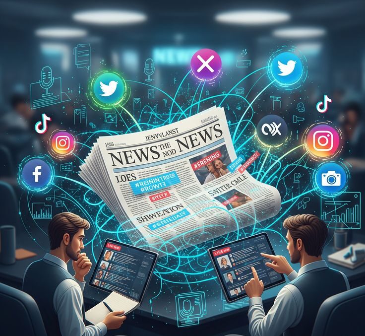 Two people at desks use tablets while a glowing newspaper hovers between them, surrounded by social icons and digital lines—symbolizing online news networks.