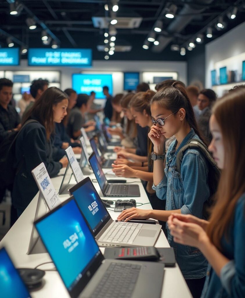 Group of people browsing laptops on a long display table at a tech expo, blue signage in the background.