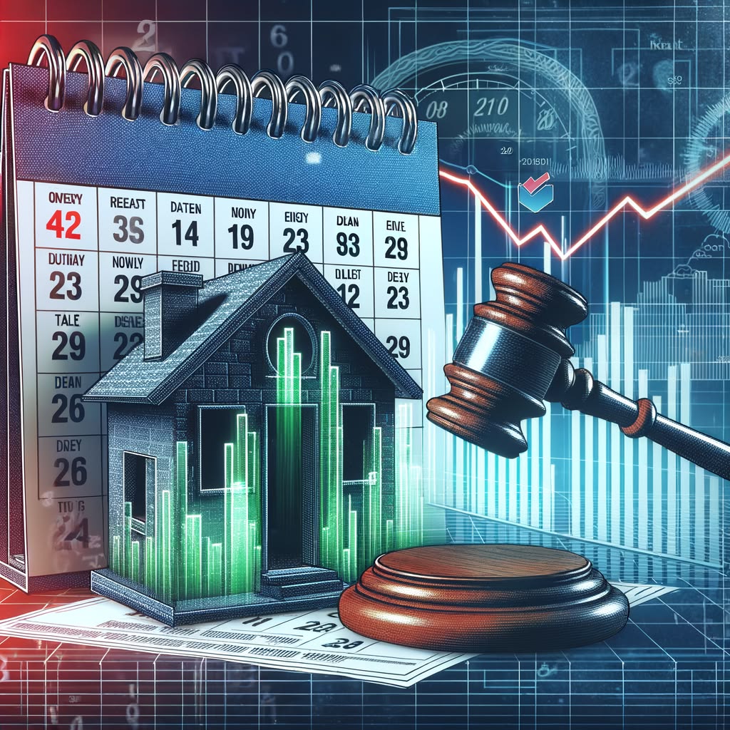 Gavel and a miniature house on financial papers with a calendar and rising charts, conveying real estate auction and market analysis.