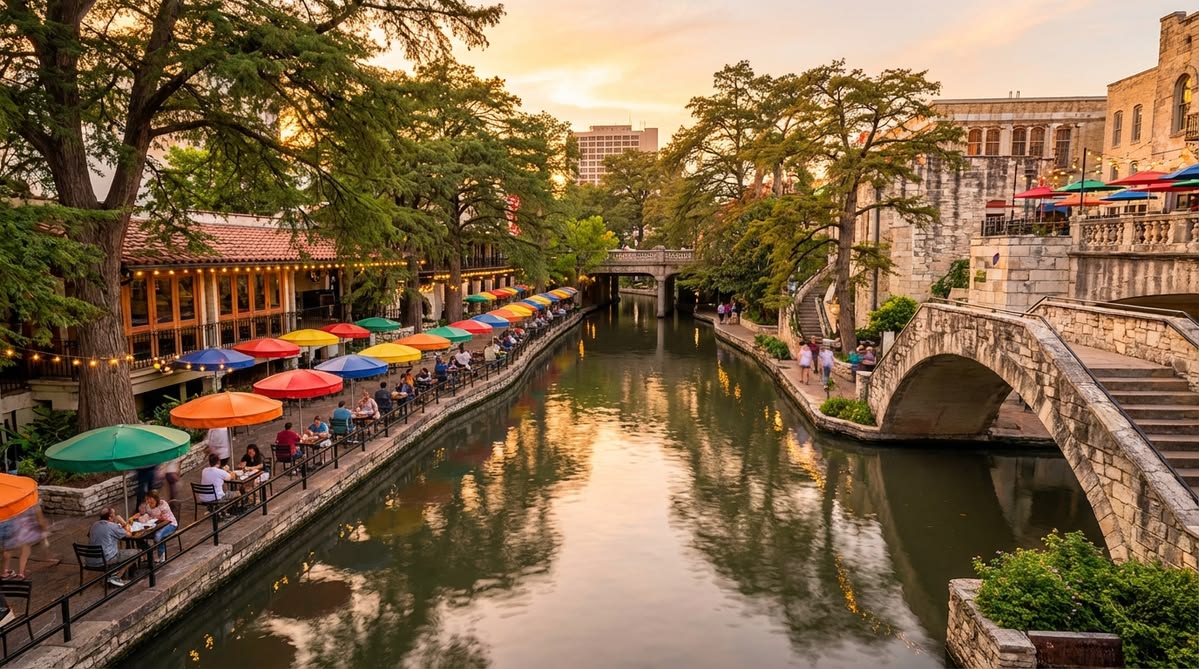 Sunset over a riverwalk with outdoor cafés under multicolored umbrellas along a calm canal and a stone bridge overhead.