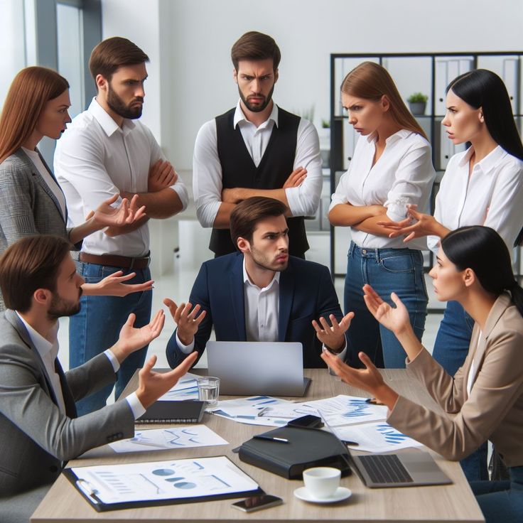 Tense office meeting with eight colleagues standing around a seated man, papers scattered on the table.