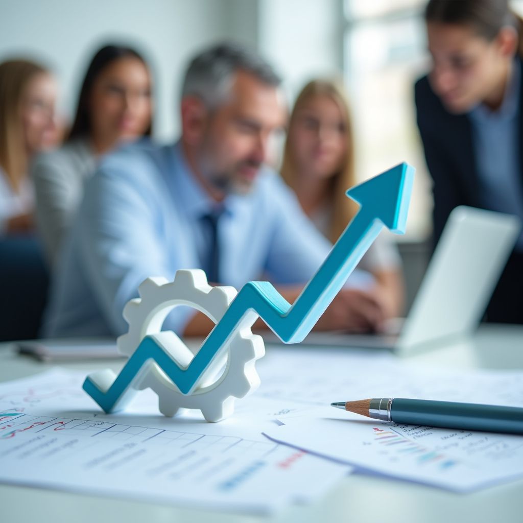 Upward-pointing blue arrow weaving through white gears on a desk, with a team collaborating in the background representing growth and teamwork