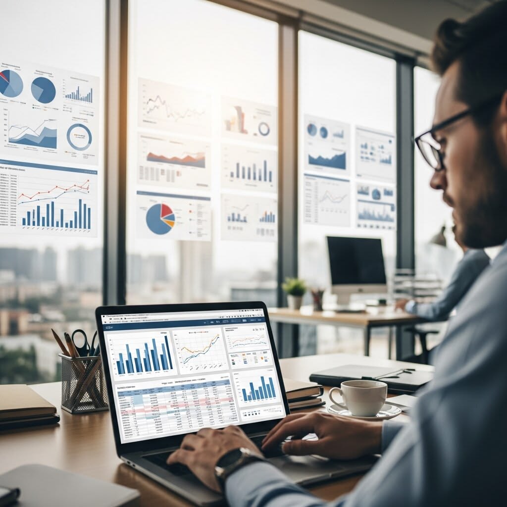 Businessperson analyzes data on a laptop showing multiple charts in a bright office.