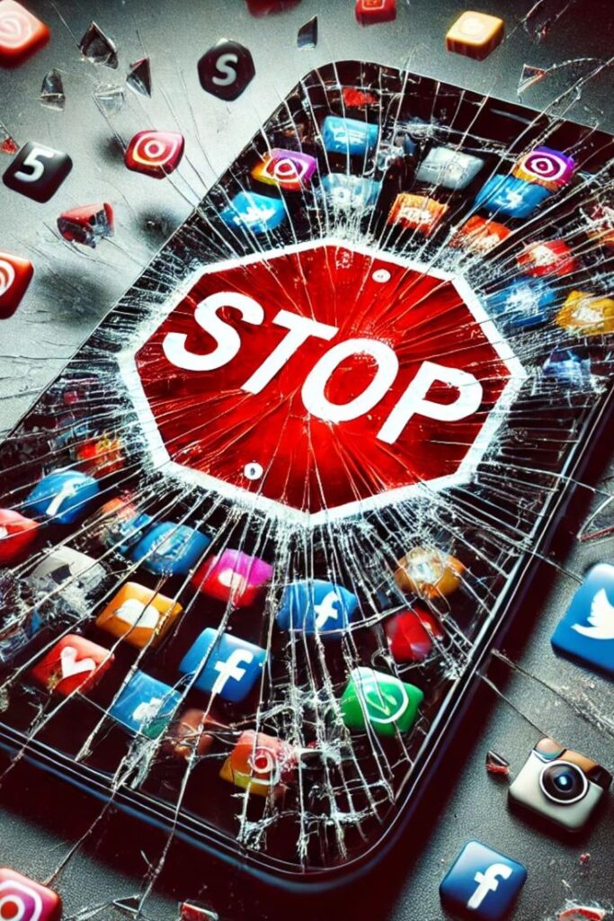 ba593e13c962e92bad79e2dc6cbf7372 - Kihan Marketing - Kihan Marketing Cracked smartphone screen surrounding a red STOP sign with many social media icons floating around, signaling a warning about social media usage.