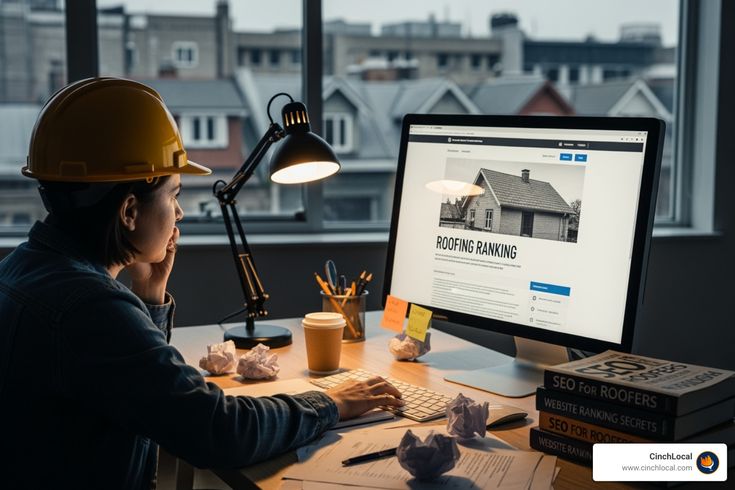 bc0a01040ade76eadee80b6df6967fc5 - Kihan Marketing - Kihan Marketing Worker with a yellow hard hat reviews a roofing ranking article on a desktop monitor.