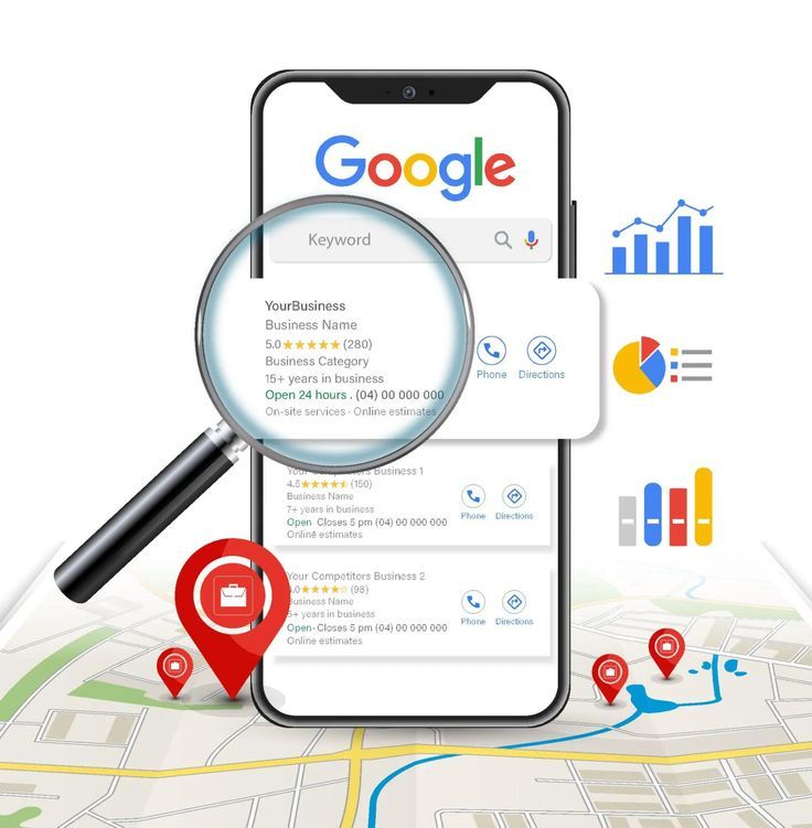 Smartphone screen with Google search results, a magnifying glass enlarging a business listing, and map pins on a surrounding map.