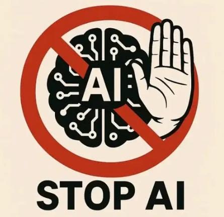Protest-style poster showing a circuit-brain with 'AI' crossed out by a red circle and a raised hand, with the text 'STOP AI' below—signaling to stop artificial intelligence.