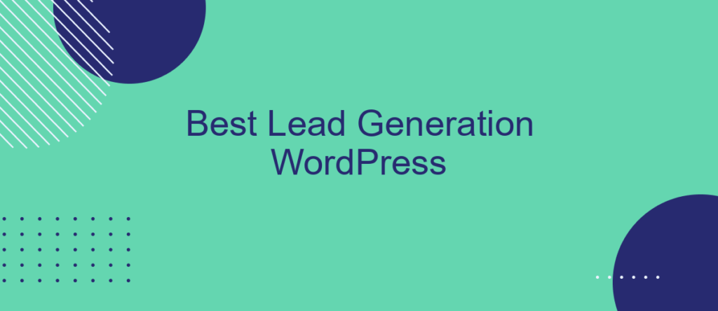 Teal banner with geometric shapes and the title 'Best Lead Generation WordPress' in dark blue text.