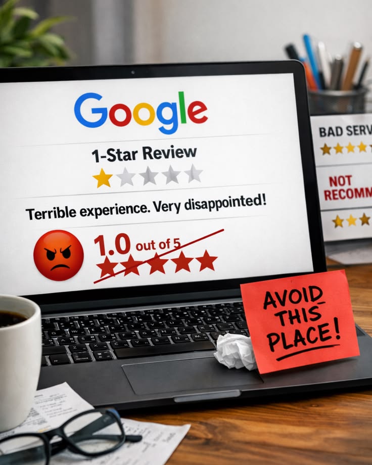 Laptop screen shows a Google 1-star review: 'Terrible experience. Very disappointed!' with an angry emoji and '1.0 out of 5'; a red 'AVOID THIS PLACE!' note on the palmrest.