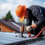 c142d3a14ef2c9f0174b46a2d0011592 - Kihan Marketing Roofer in an orange hard hat drills into corrugated metal roofing on a sunny day with safety gear visible.