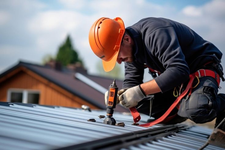 Roofer in an orange hard hat drills into corrugated metal roofing on a sunny day with safety gear visible.