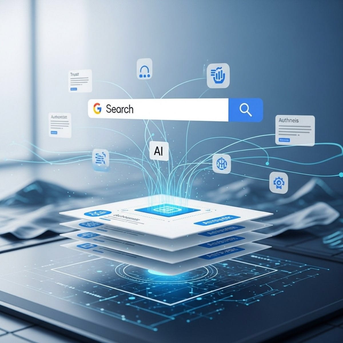 c3771a0d22e8e28065664a48de989f16 - Kihan Marketing - Kihan Marketing Abstract AI search concept with floating icons and stacked data layers above a tablet
