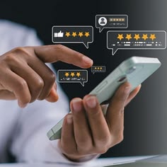 Person using a smartphone with floating review stars and chat bubbles indicating ratings on the screen area around the device.
