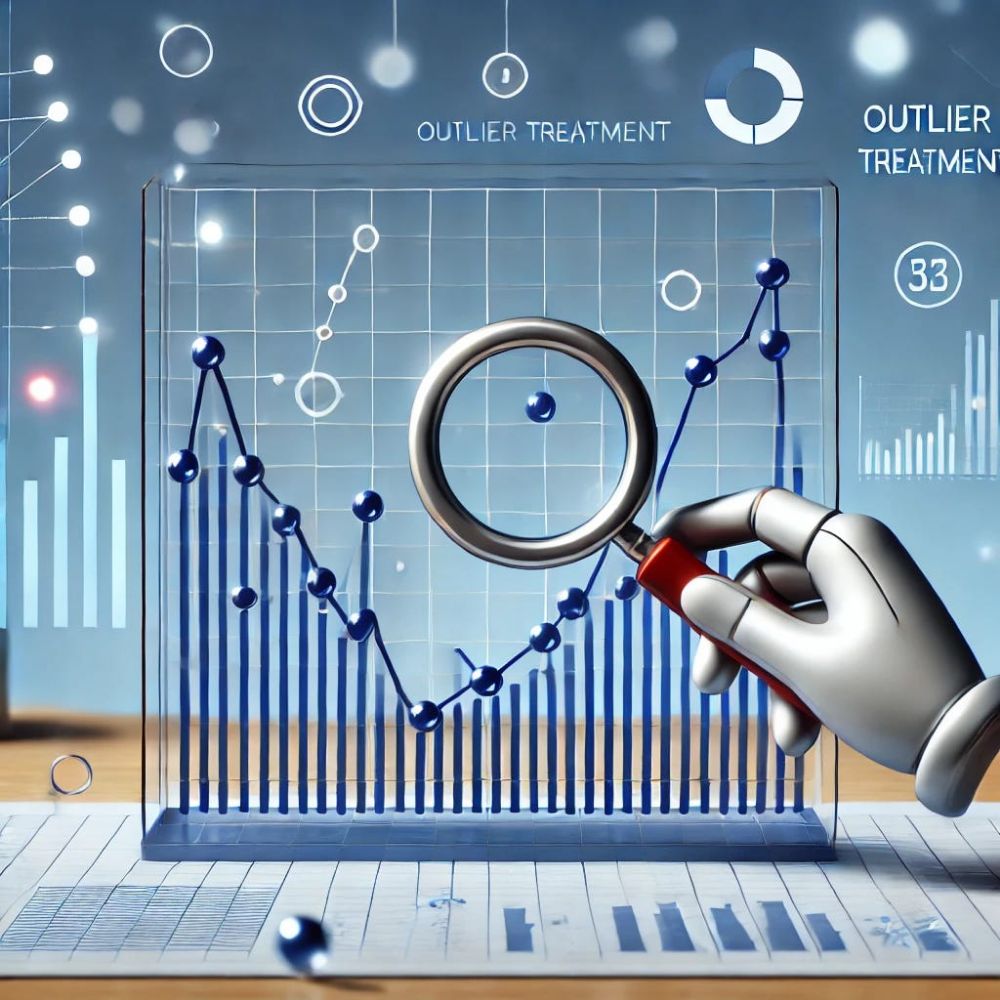 Robotic hand with a magnifying glass inspecting a blue line graph and bar chart, illustrating data analysis and outlier treatment.