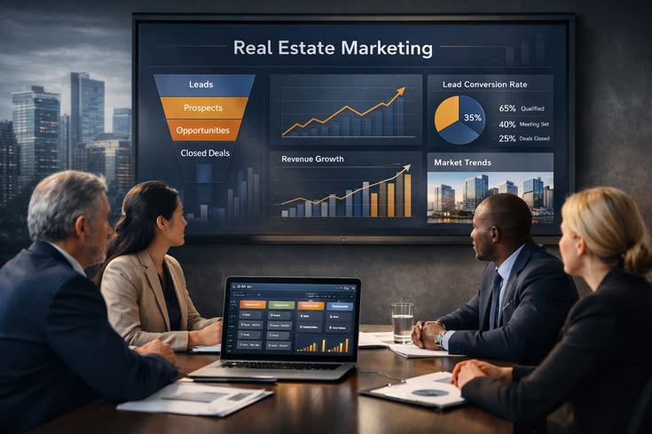 Group of four professionals in a conference room watching a large dashboard labeled Real Estate Marketing with charts and graphs outside the windowed cityscape.