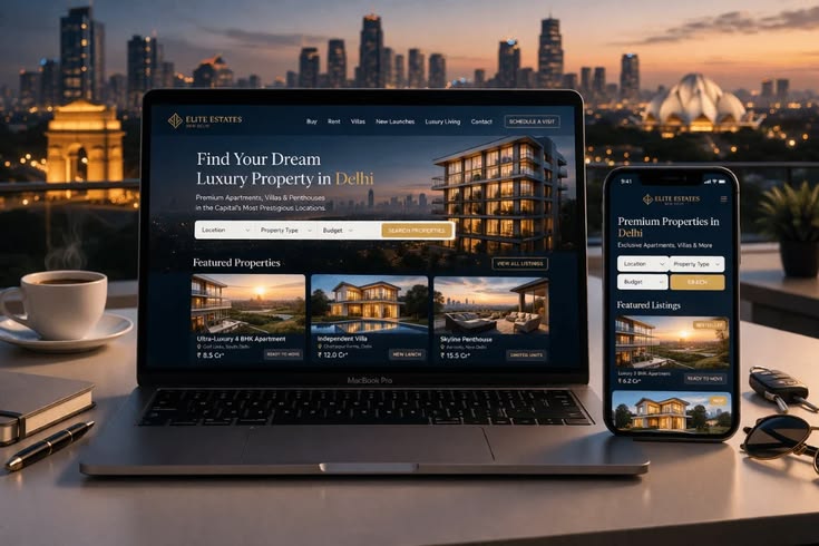 Laptop and smartphone on a desk displaying a luxury real estate site with a city skyline at dusk