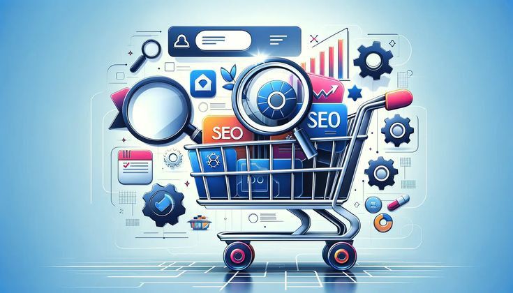 Blue shopping cart brimming with SEO icons (magnifying glass, gears, graphs) symbolizing ecommerce SEO and online marketing.