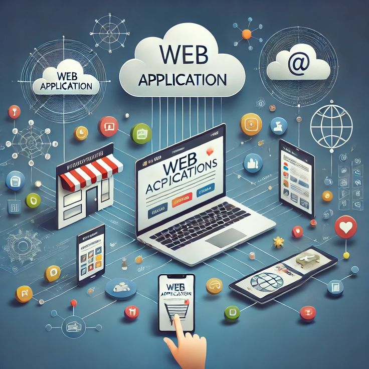 Illustration of cloud-based web applications with a laptop, tablet, and smartphone connected by network icons.