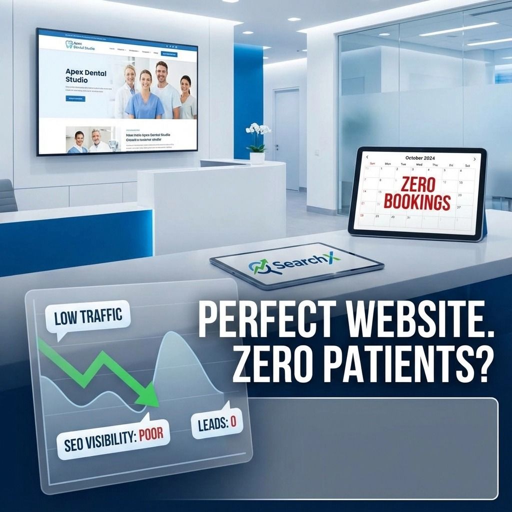 Modern dental clinic reception with multiple screens; a tablet shows 'ZERO BOOKINGS' while a chart graphic notes 'LOW TRAFFIC' and 'SEO VISIBILITY: POOR' with leads: 0.