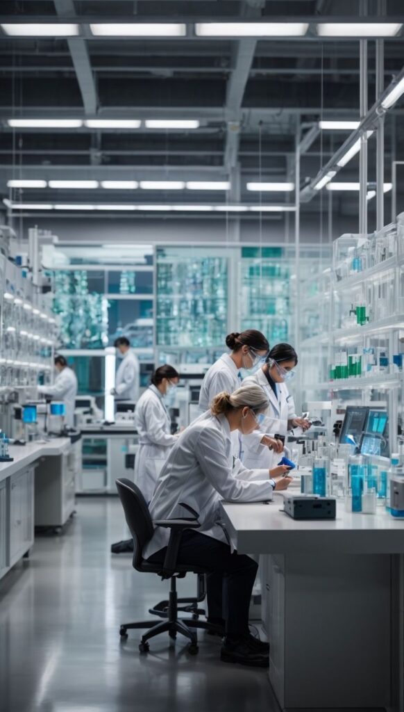 Scientists in white coats and masks work at lab benches with glassware and equipment in a high-tech laboratory.