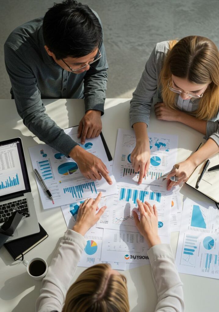 Team of four reviewing printed charts and graphs on a table, pointing at data plots together