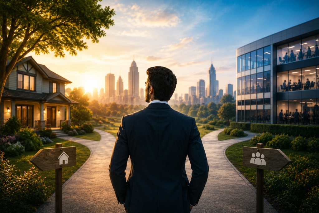Man in a dark suit stands at a park path facing a city skyline at sunset, with a home sign on the left and a group sign on the right.
