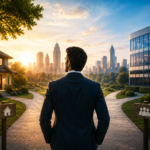 e071f574-baa2-4186-8f9c-ceaa20deb035 - Kihan Marketing Man in a dark suit stands at a park path facing a city skyline at sunset, with a home sign on the left and a group sign on the right.